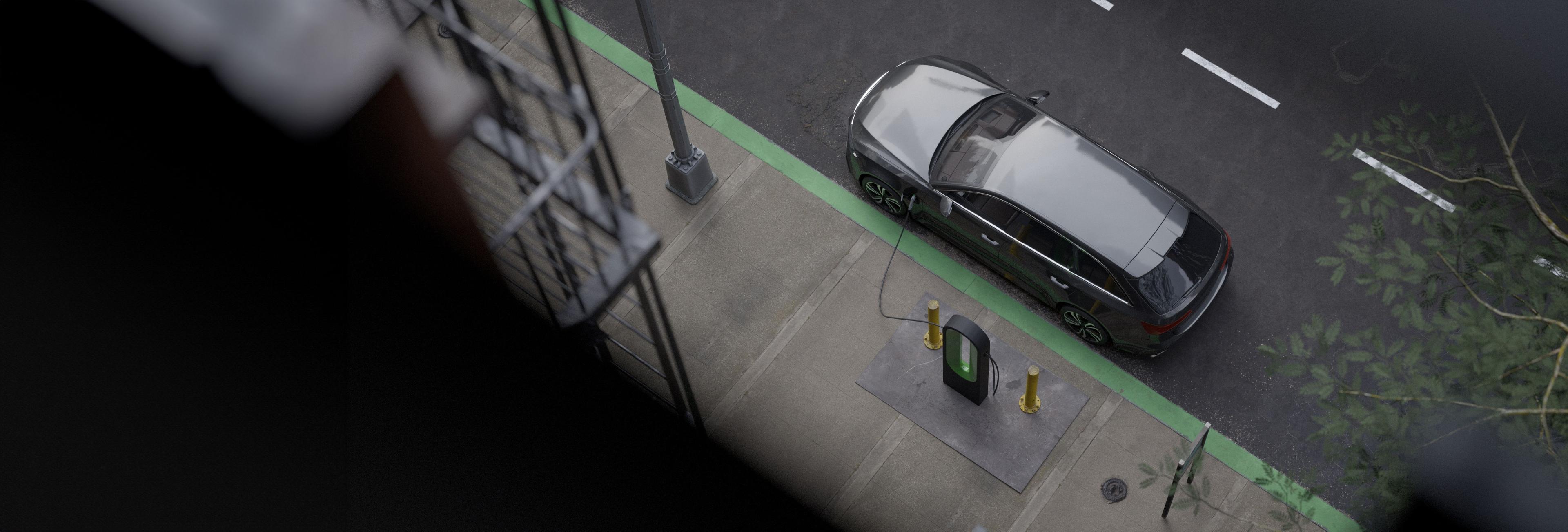 Aerial view of a parked car on a street 