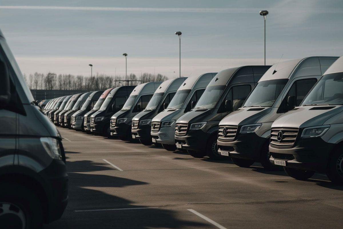 A line of parked vans