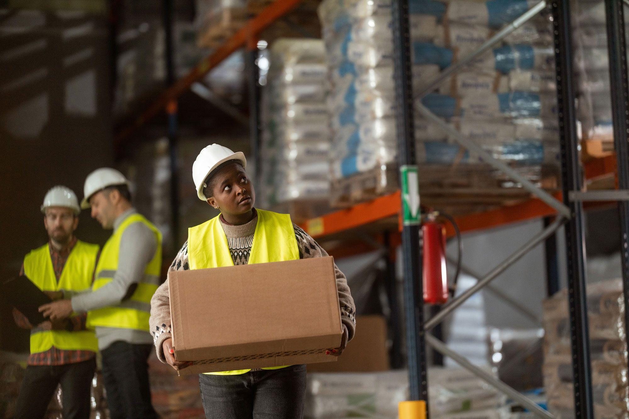 A warehouse worker holding a cardboard box while looking in the distance